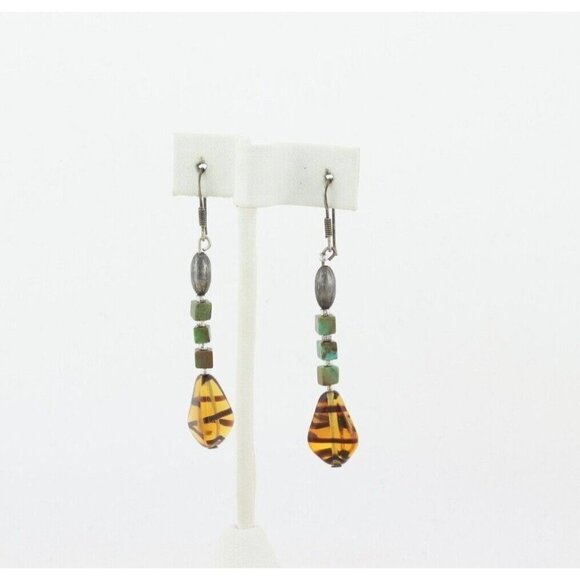 Sterling Silver Hematite, Turquoise and Amber Earrings Dangle Drop Earrings - Picture 7 of 7